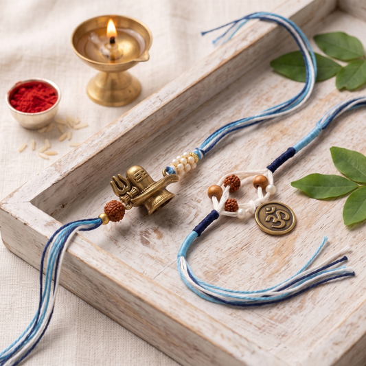 Rudraksha Shivling Rakhi & Divine Om Rudraksha Rakhi Set of 2