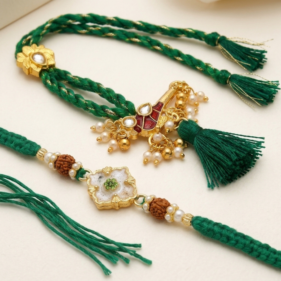 Emerald Blossom Rudraksha Rakhi & Flute Pearl Tassel Designer Lumba Rakhi Set of 2