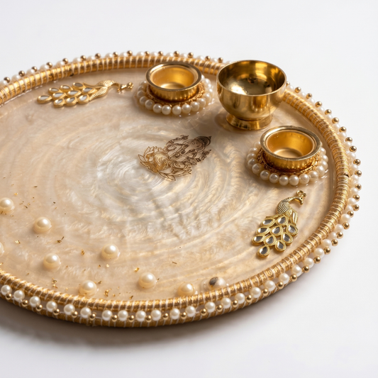 Champagne Pearl Ganesha Resin Pooja Thali