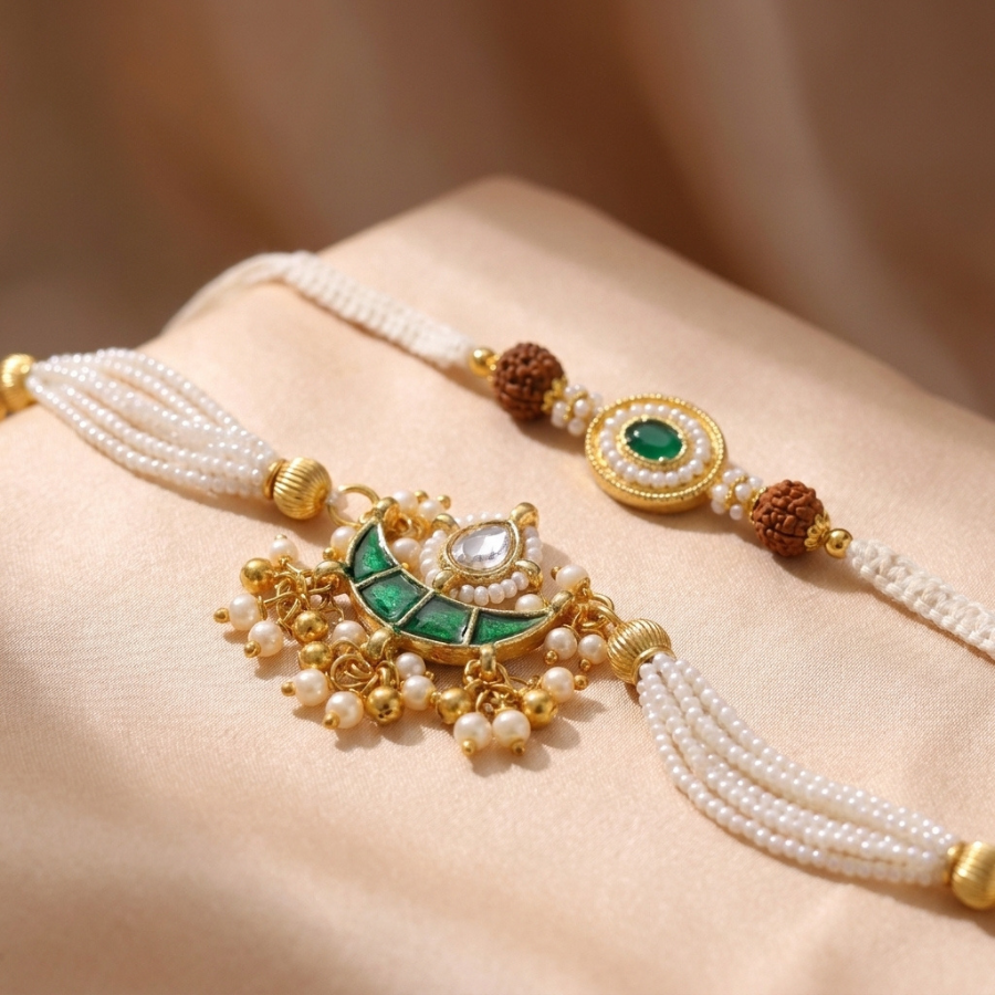 Rudraksha Emerald Rakhi & Pearl Green Lumba Set of 2