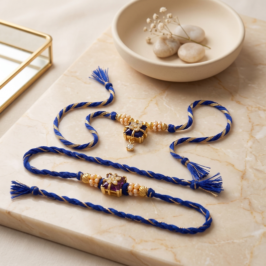 Royal Sapphire Floral Rakhi & Royal Sapphire Floral Lumba Rakhi Set of 2