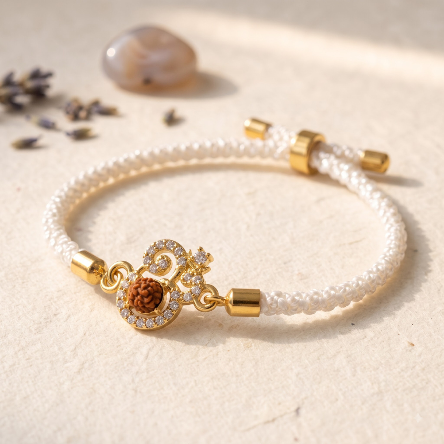 Premium Rudraksha Om Bracelet Rakhi (White)