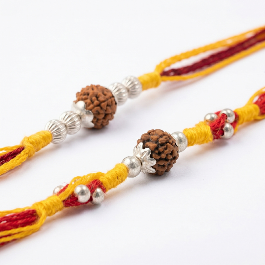 Rudraksha Silver Bead Rakhi Combo Set of 2