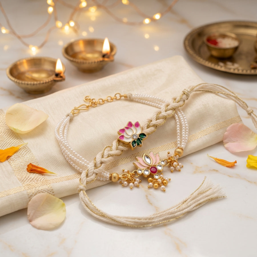 Lotus Pearl Bracelet & Pink Lotus Designer Rakhi Set of 2