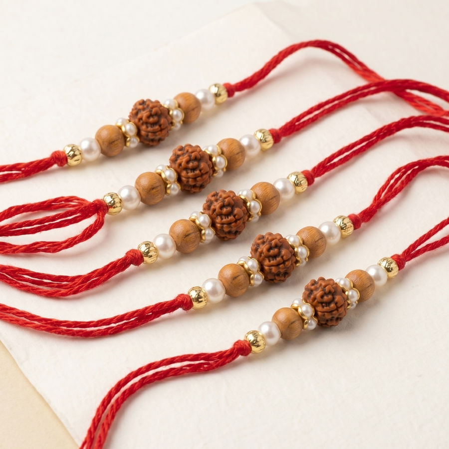Sandalwood Rudraksha Pearl Rakhi Combo (Set of 5)