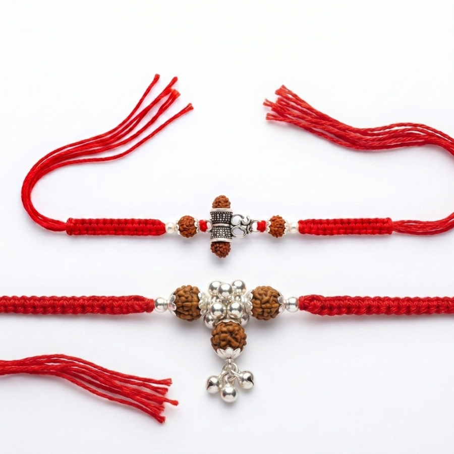 925 Silver Rudraksha Charm Cluster Rakhi & 925 Silver Damru Om Rudraksha Rakhi Set of 2