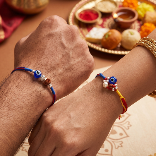 925 Silver Evil Eye Rudraksha Rakhi & 925 Silver Evil Eye Pearl & Rudraksha Rakhi Set of 2