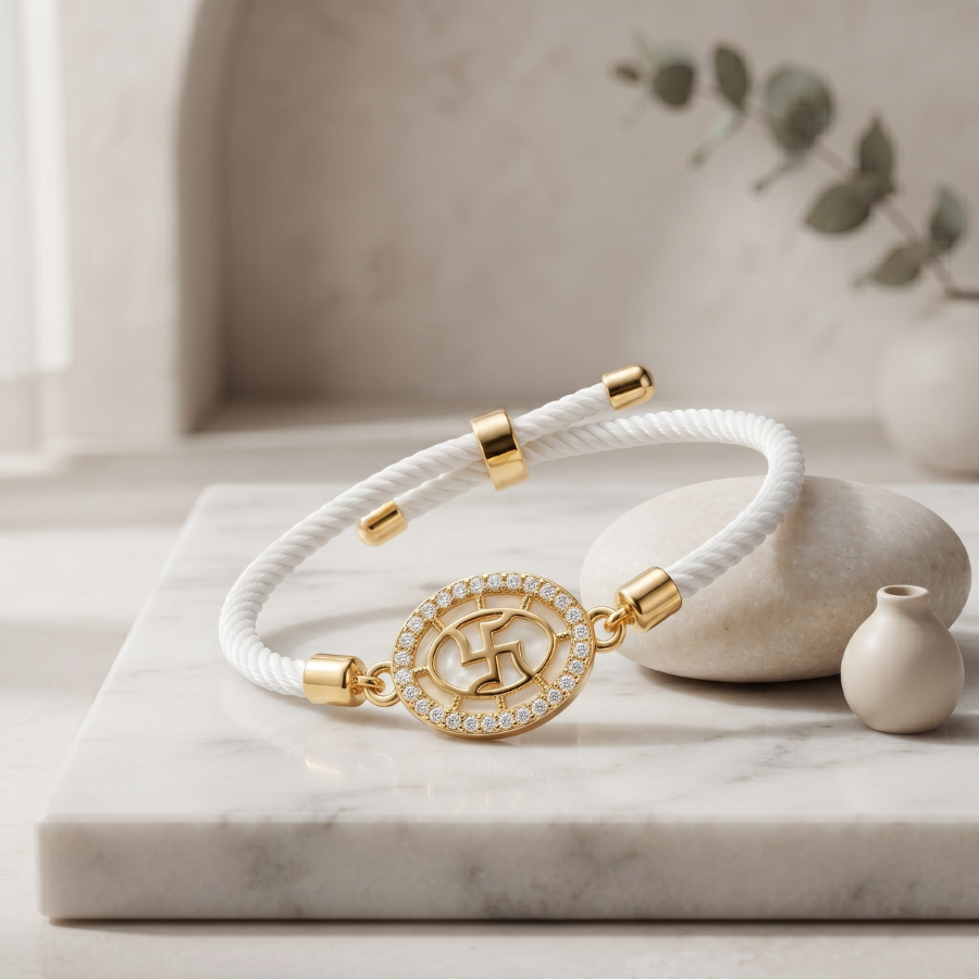 White Swastik Crystal Adjustable Rakhi Bracelet