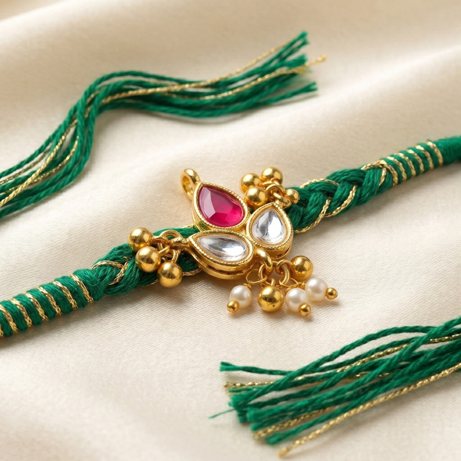 Green Kundan Pearl Rakhi