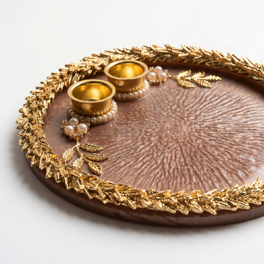 Mocha Bronze Leaf Resin Pooja Thali