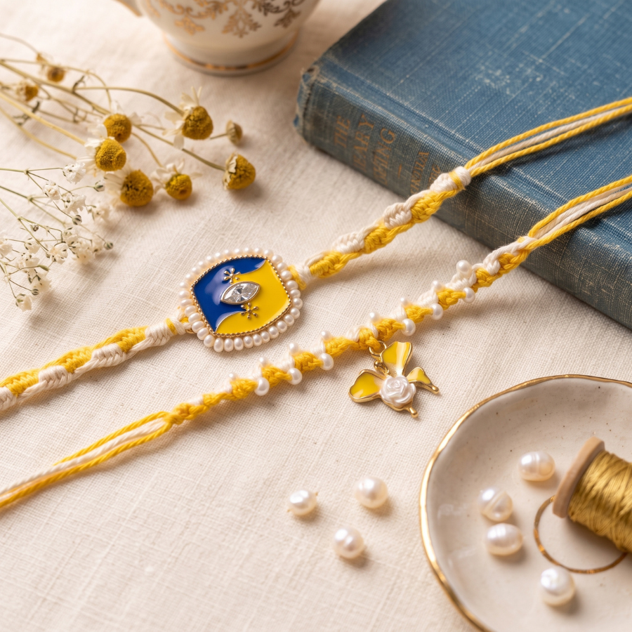 Blue Yellow Crystal Rakhi & Sunshine Blossom Lumba Rakhi Set of 2