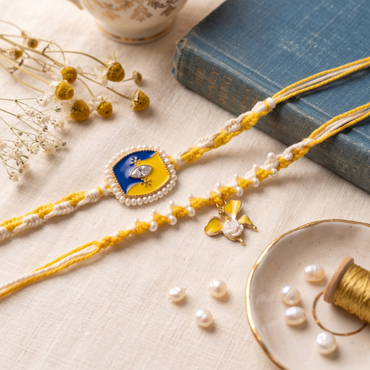 Blue Yellow Crystal Rakhi & Sunshine Blossom Lumba Rakhi Set of 2