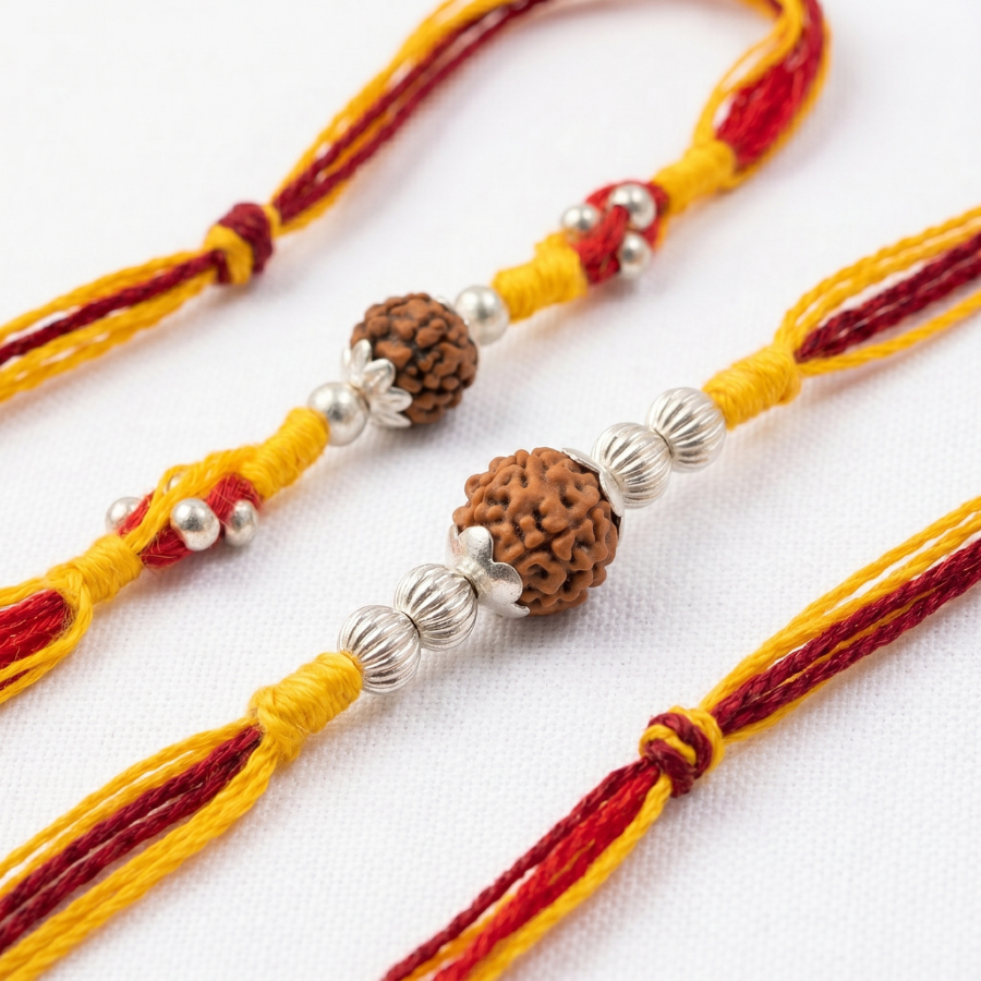 Rudraksha Silver Bead Rakhi Combo Set of 2