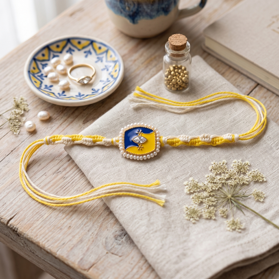 Blue Yellow Crystal Rakhi