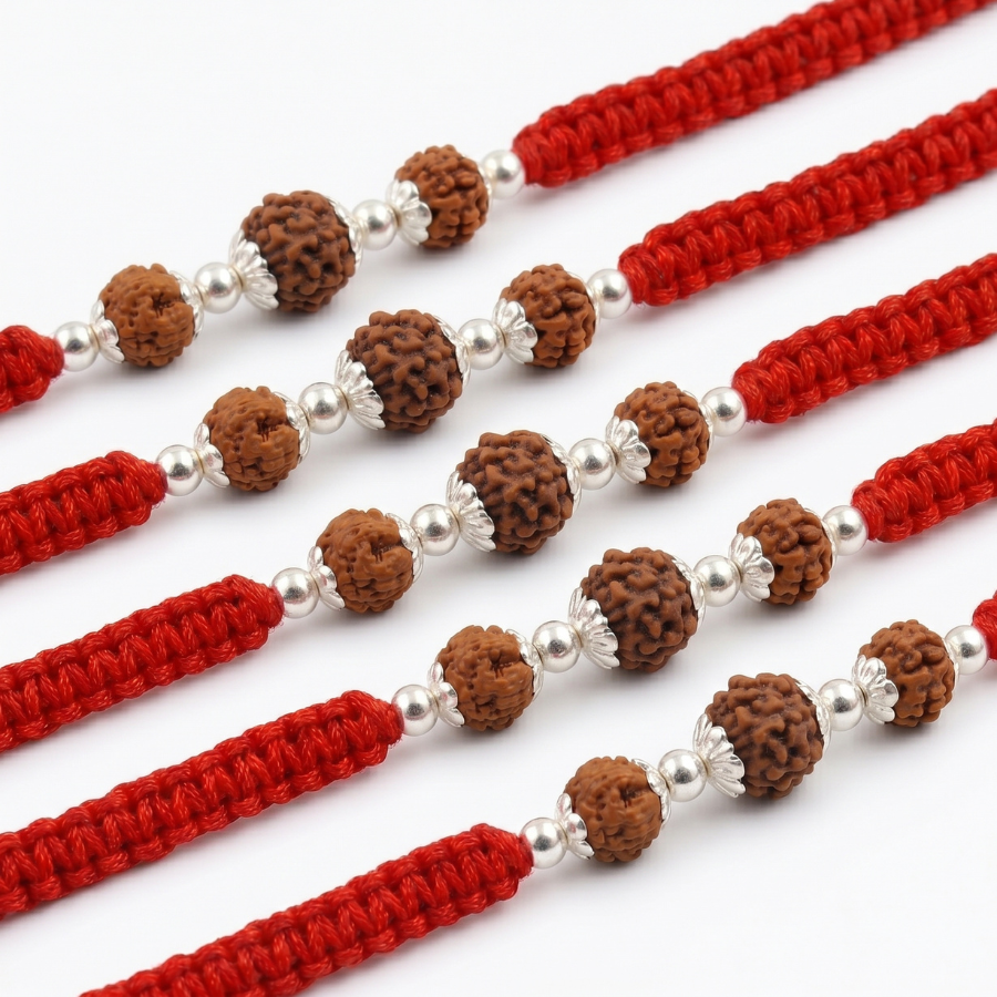 Triple Rudraksha Rakhi Combo (Set of 5)