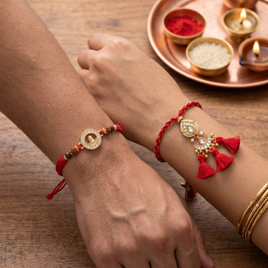 Shivling Divine Rudraksha & Royal Kundan Triple Tassel Designer Lumba Rakhi Set of 2