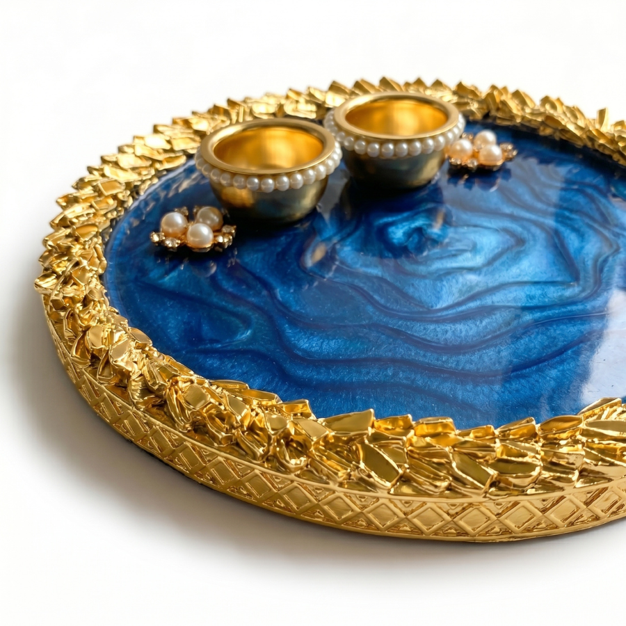 Sapphire Ocean Marble Resin Pooja Thali