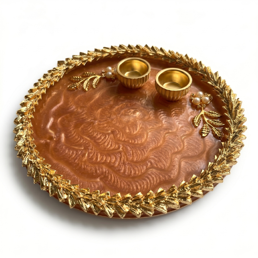 Rose Gold Feather Marble Resin Pooja Thali