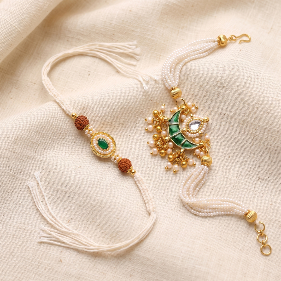 Rudraksha Emerald Rakhi & Pearl Green Lumba Set of 2