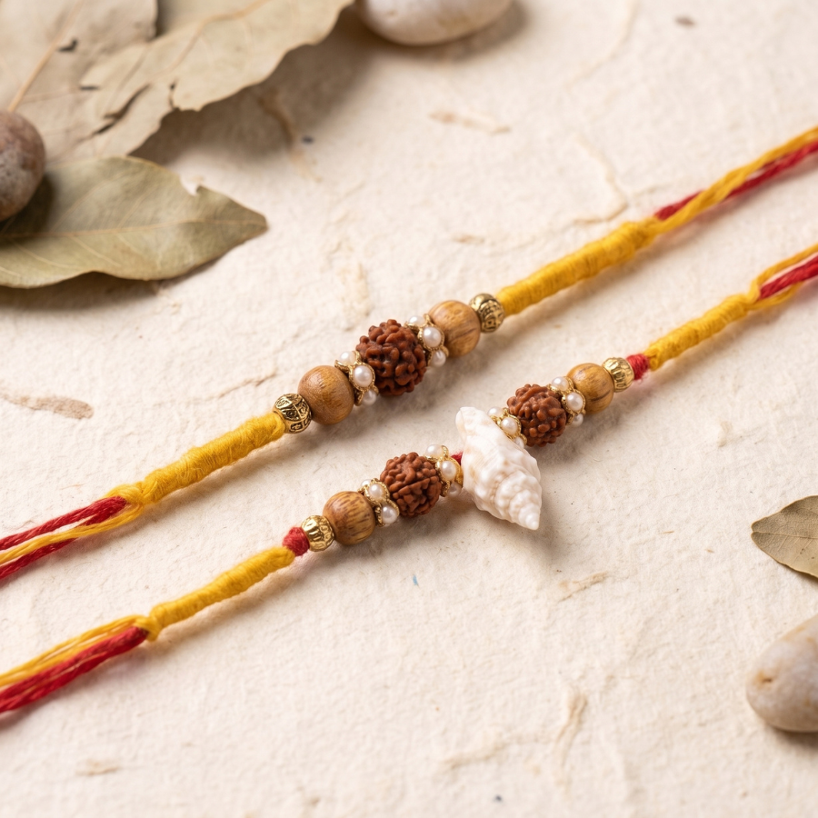 Natural Shell Rudraksha Rakhi & Rudraksha Harmony Rakhi Set of 2
