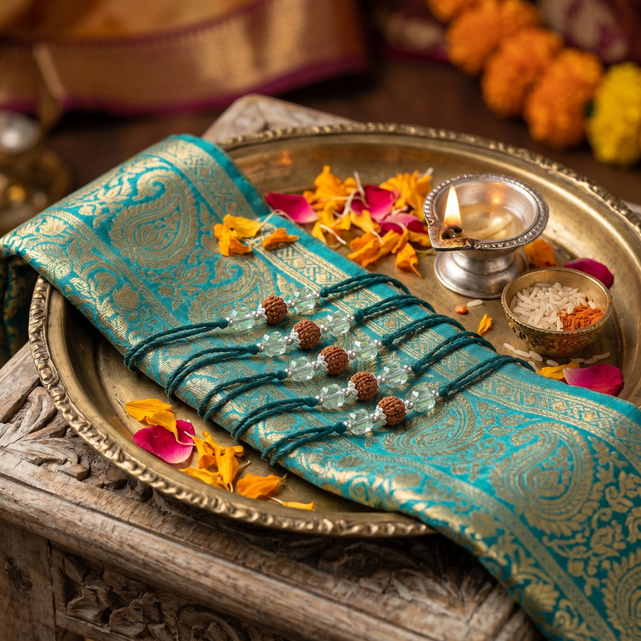 Mint Crystal Rudraksha Rakhi Combo (Set of 5)