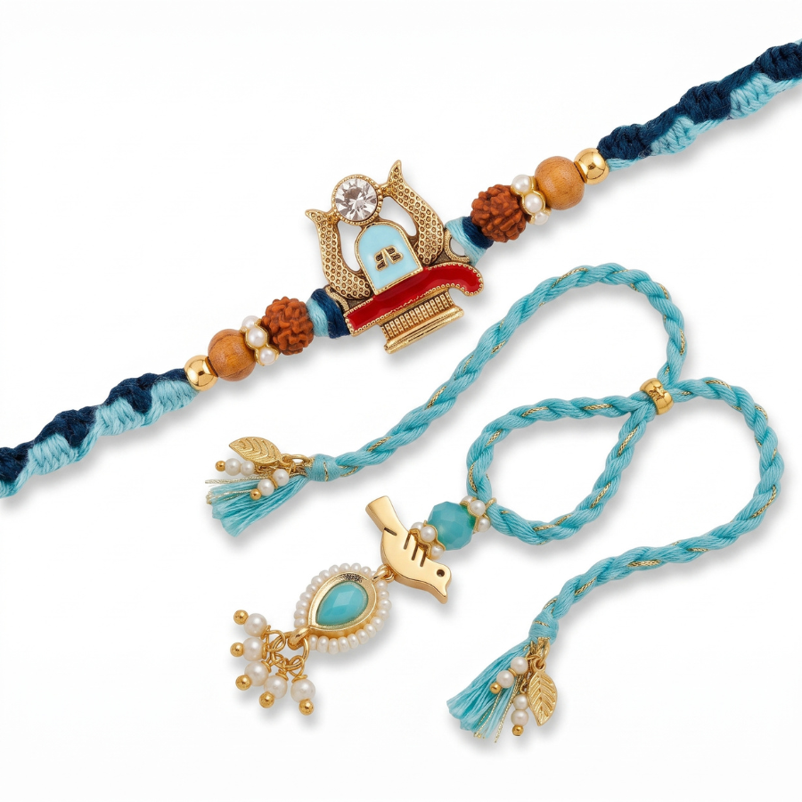 Rudraksha Temple & Aqua Bird Charm Designer Lumba Rakhi Set of 2