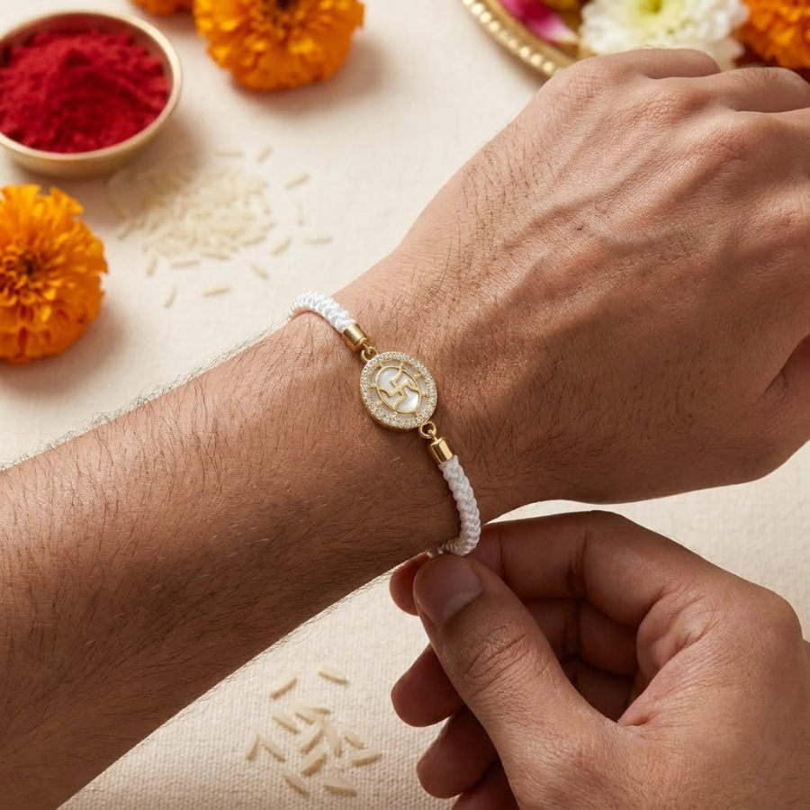 Premium Swastik Bracelet Rakhi (White)