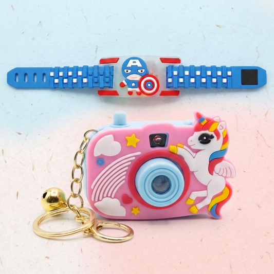Captain Hero LED Kids Rakhi Band & Surprise Camera Keychain Gift Set