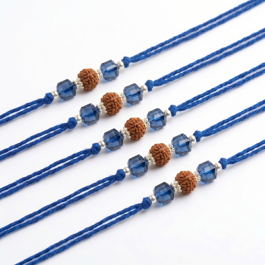 Sapphire Crystal Rudraksha Rakhi Combo (Set of 5)
