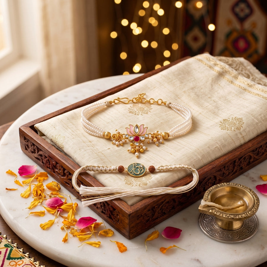 Divine Lotus Bracelet & Om Rakhi Set of 2
