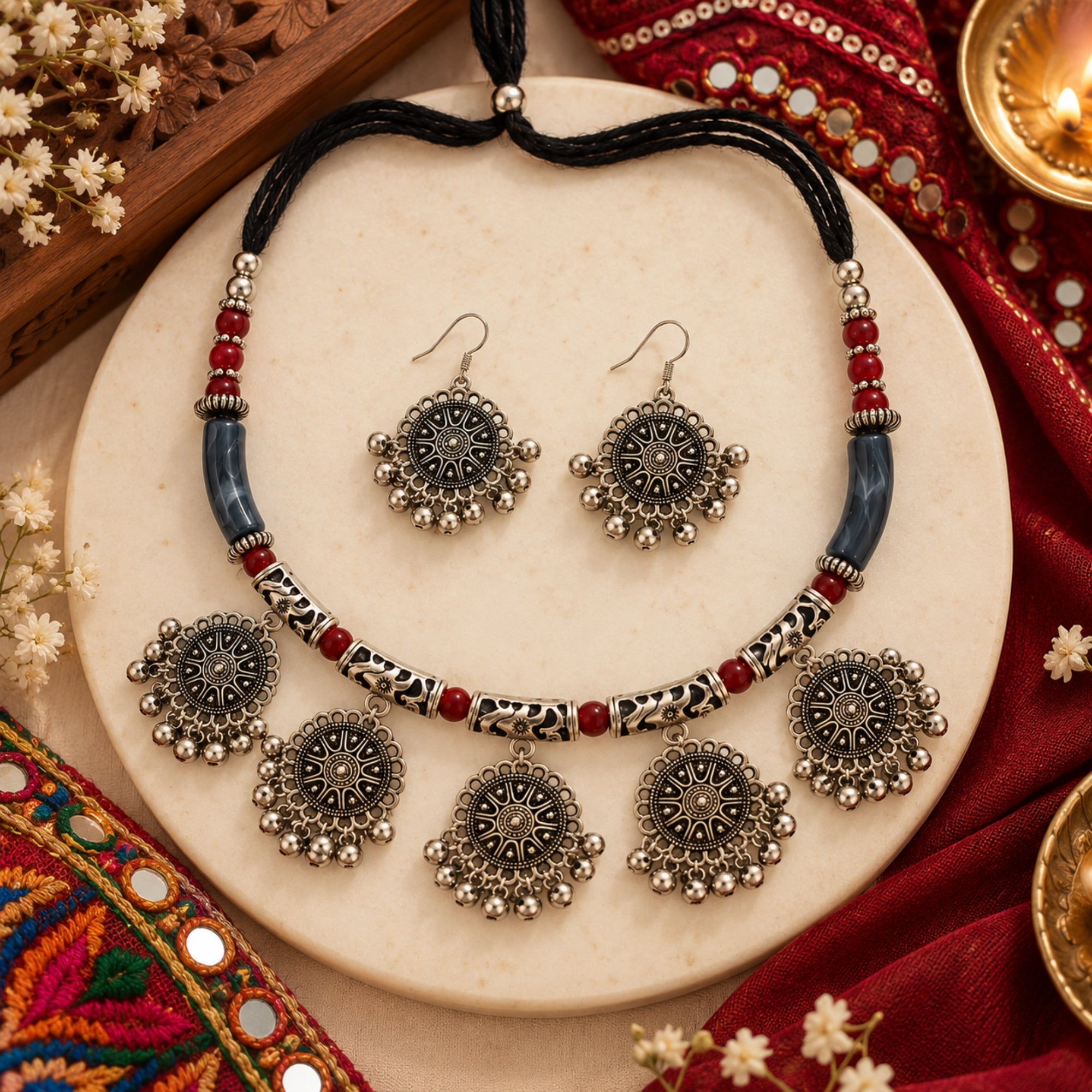 Phool Mala Blue Oxidised Necklace Set