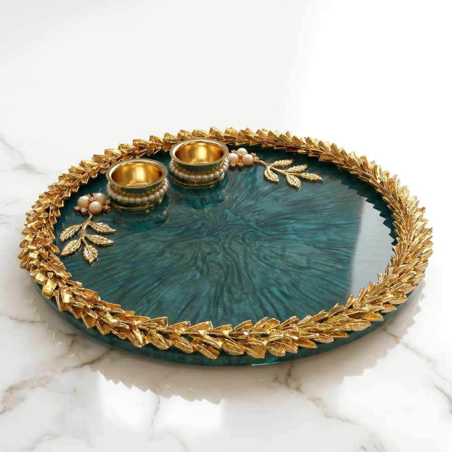 Emerald Luxe Leaf Resin Pooja Thali