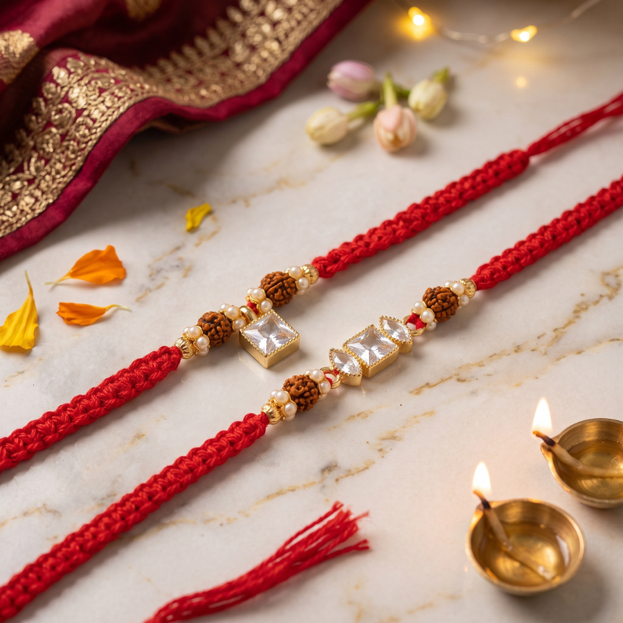 Crystal Grace Rudraksha Rakhi & Rudraksha Crystal Pearl Rakhi Set of 2