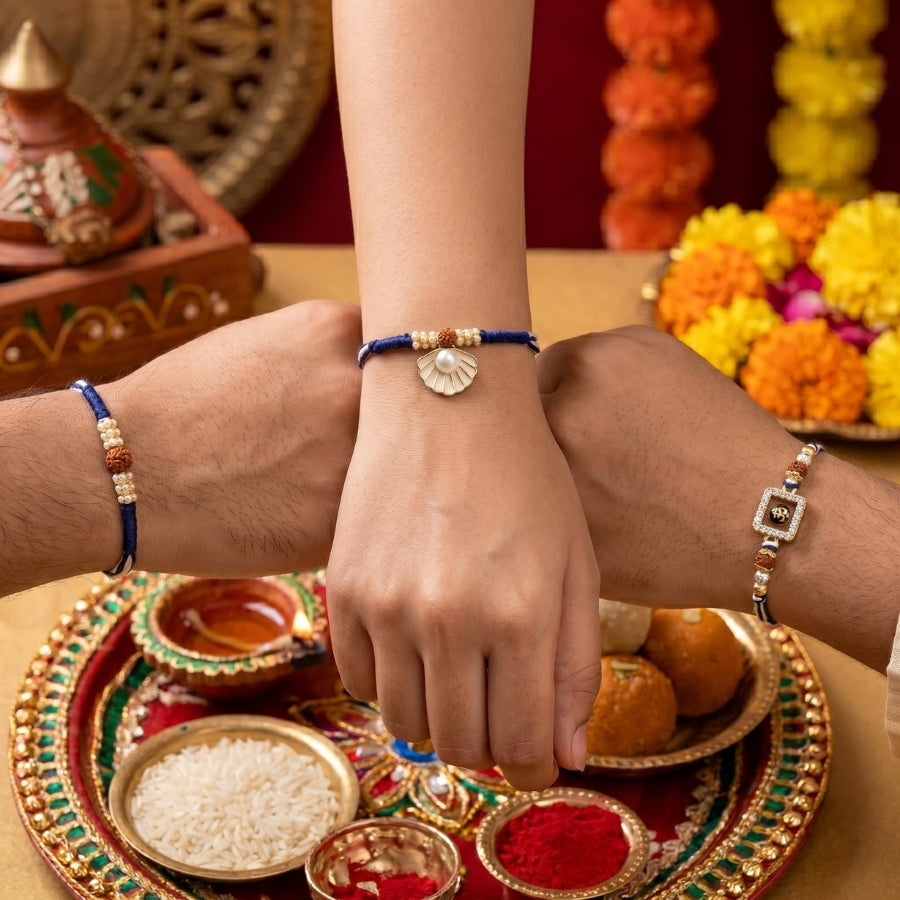 Om Divine Crystal & Pearl Seashell Rudraksha & Pearl Halo Rudraksha Rakhi Set of 3