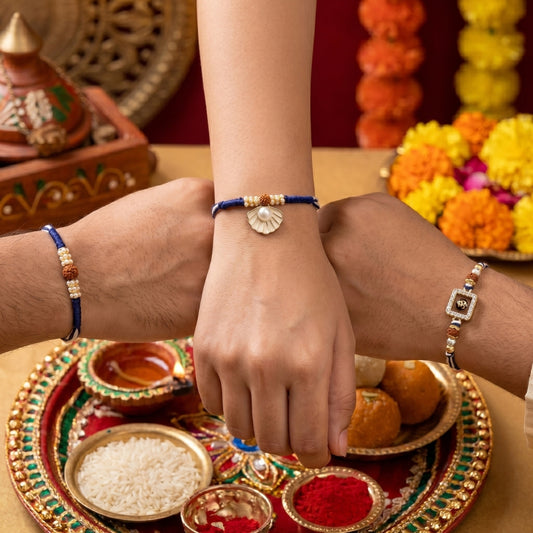 Om Divine Crystal & Pearl Seashell Rudraksha & Pearl Halo Rudraksha Rakhi Set of 3