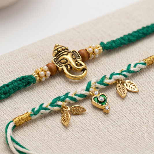 Ganesha & Emerald Charm Rakhi Set of 2