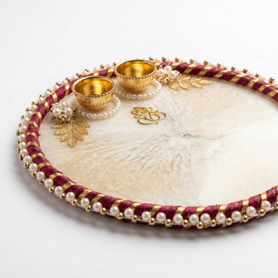 Ivory Marble Ganesha Resin Pooja Thali