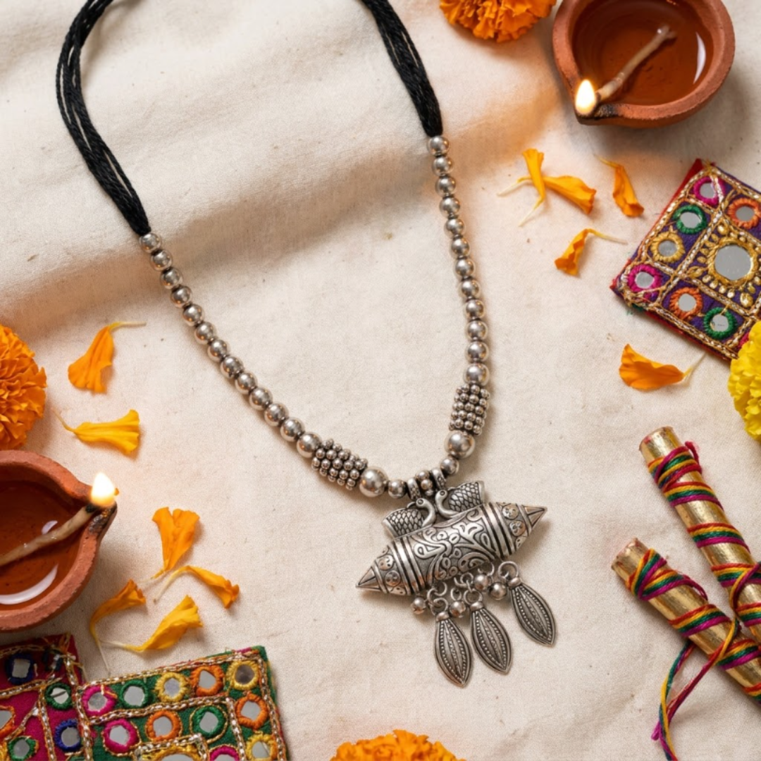 Mor Dholki Black Dori Oxidised Necklace/ Arm Bracelet