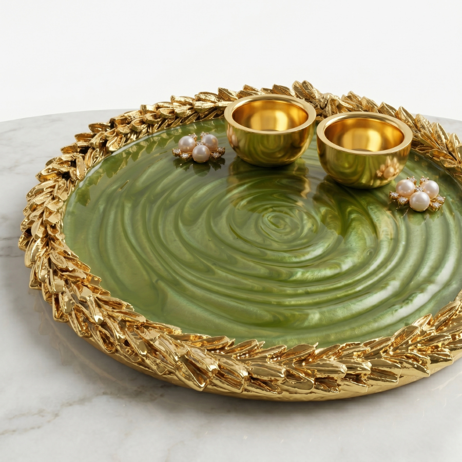 Olive Jade Swirl Resin Pooja Thali