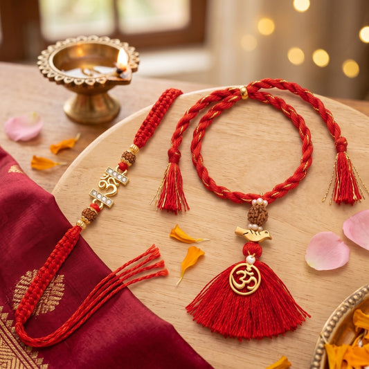 Om Divine Rudraksha Rakhi & Om Bird Tassel Rakhi Set of 2