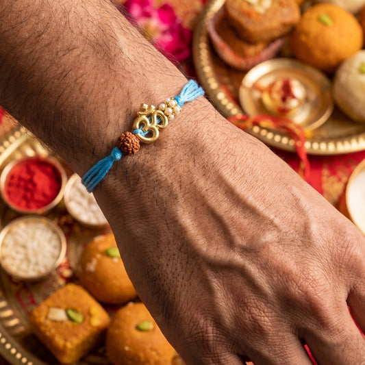 Om Rudraksha Pearl Rakhi Sky Blue