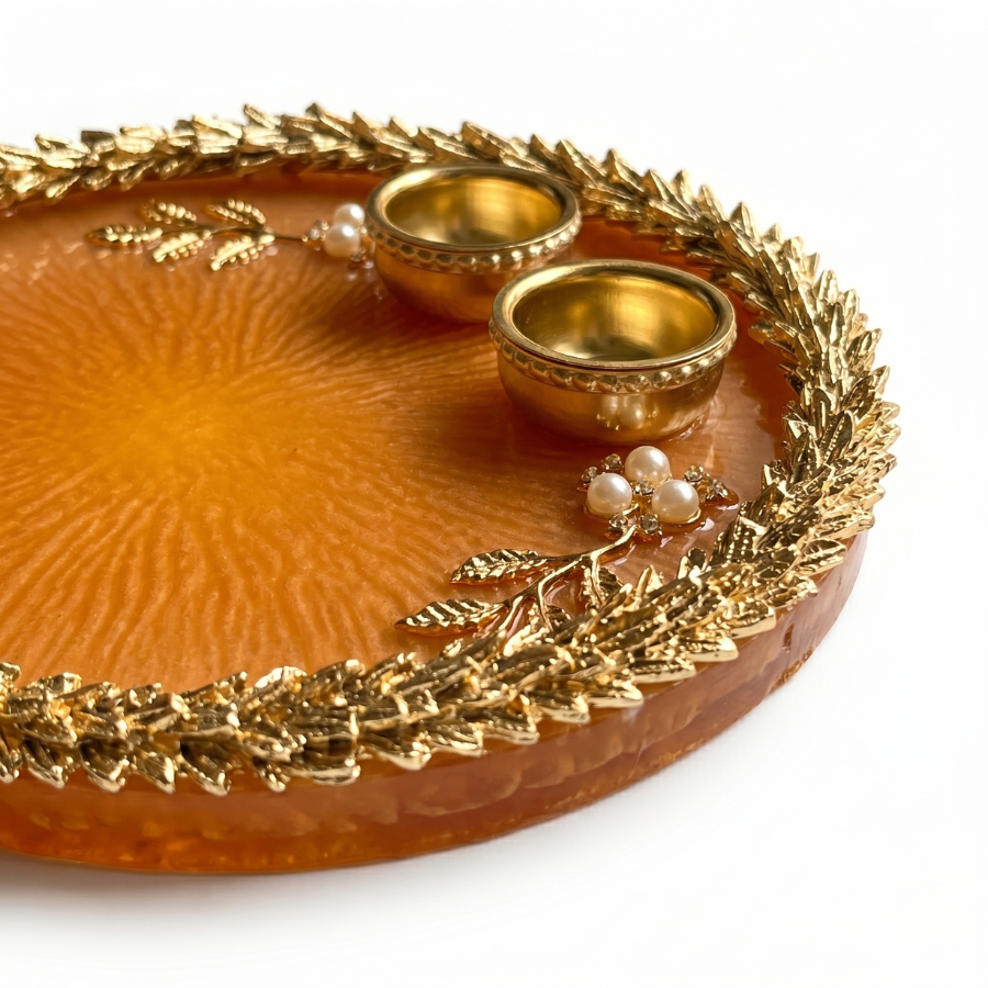 Sunset Amber Leaf Resin Pooja Thali