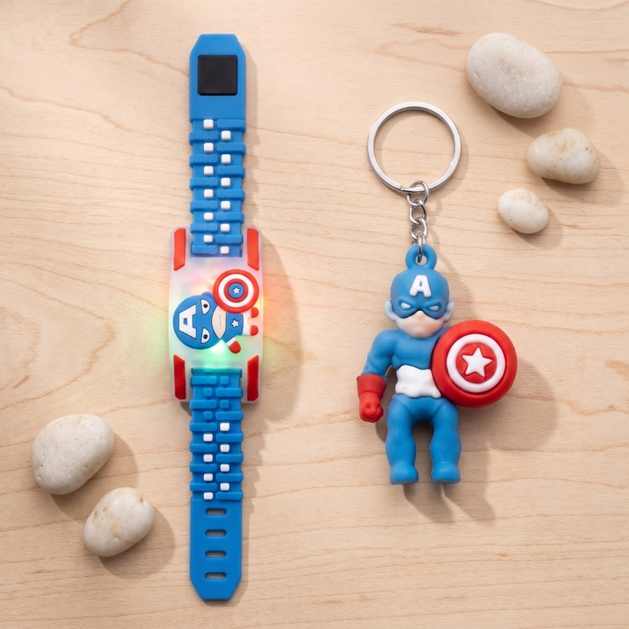 Captain Hero LED Kids Rakhi Band & Keychain Gift Set