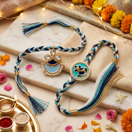Pearl Ganesha Designer & Pearl Kundan Designer Rakhi Set of 2