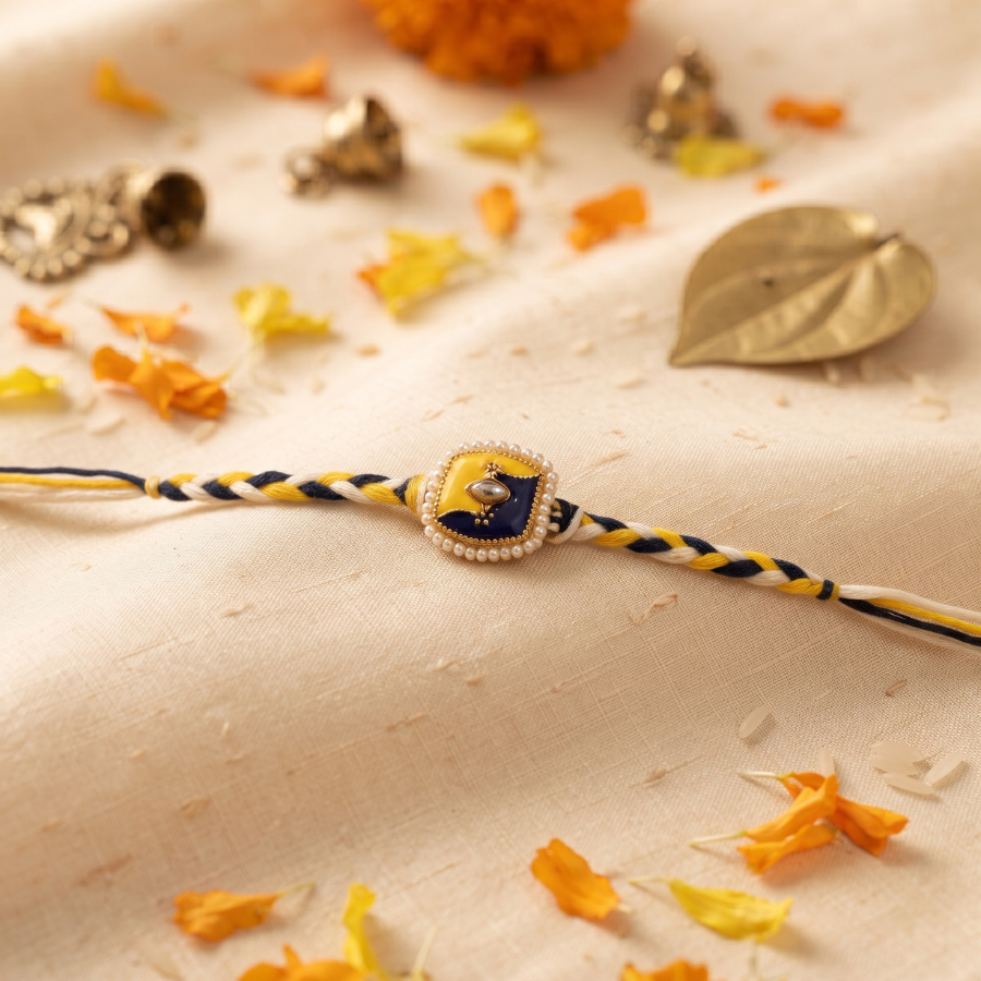 Blue Yellow Crystal Braided Rakhi