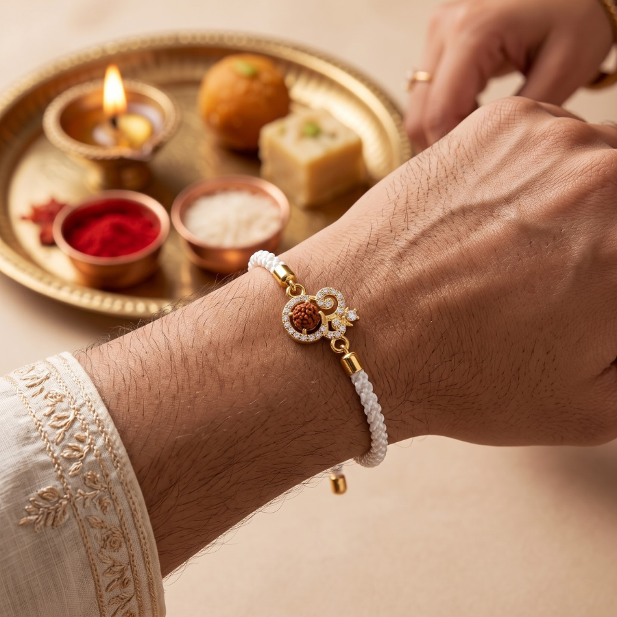 Premium Rudraksha Om Bracelet Rakhi (White)