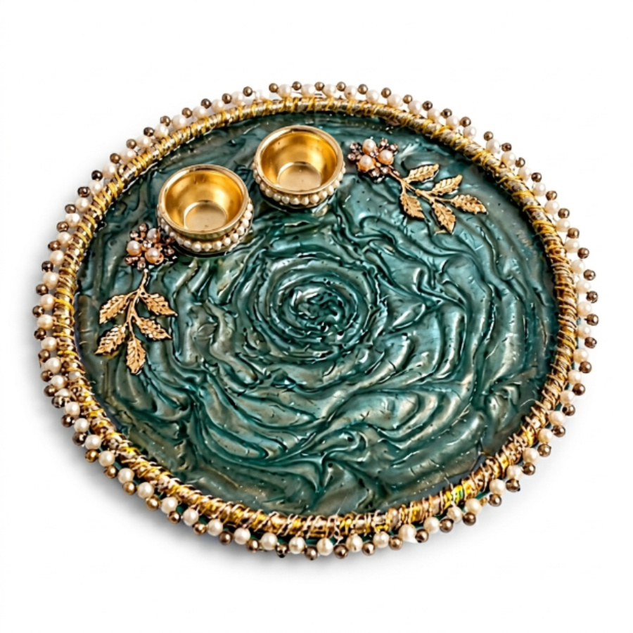 Emerald Swirl Resin Pooja Thali
