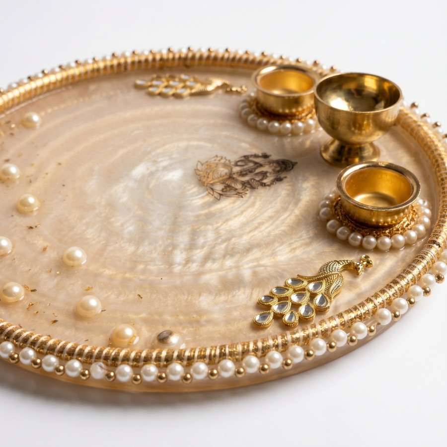Champagne Pearl Ganesha Resin Pooja Thali