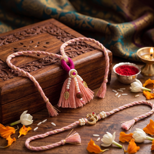 Peach Tassel Lumba & Om Charm Rakhi Set of 2