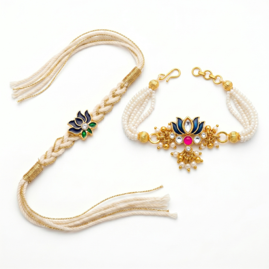 Midnight Lotus Designer & Lotus Pearl Designer Lumba Rakhi Set of 2